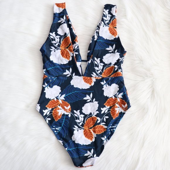 Blue Floral V Neck One Piece Swimsuit Sz L- Swim - Picture 5 of 7